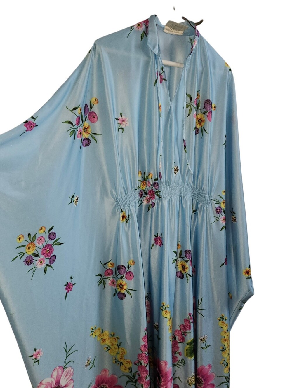 Vintage Blue Floral Maxi Dress with Smocked Kaftan Goqn Nightgown